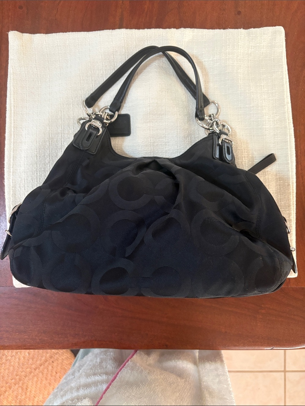 Coach Black Signature 'C' Shoulder Bag with Silver Hardware
